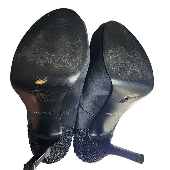 Aldo Black Satin Peep Toe High Heels With Rhinestone Embellished Heel Size 9 - Picture 12 of 14